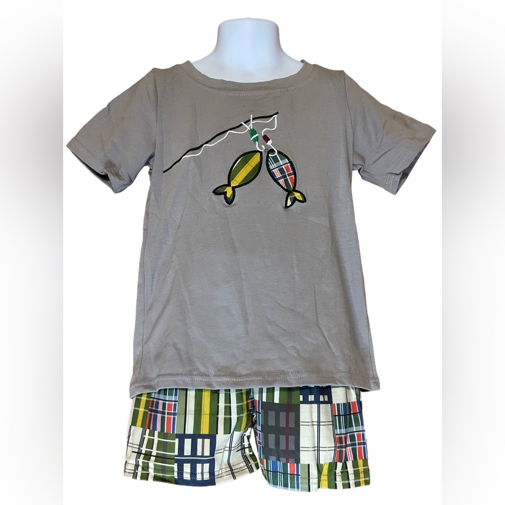 NEW Boutique Boy Fishing 2pc Plaid shorts and top outfit